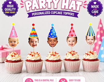 Custom Face Cupcake Toppers: First Birthday Party Hats (Digital PDF File)