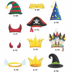 May include: A set of ten different costume hats and headbands, including a green and red elf hat, a gold laurel wreath, a blue wizard hat, a red devil headband, a gold crown, a red devil horn headband, a blue and gold star hat, a colorful Native American headdress, a gold crown, and a black witch hat.