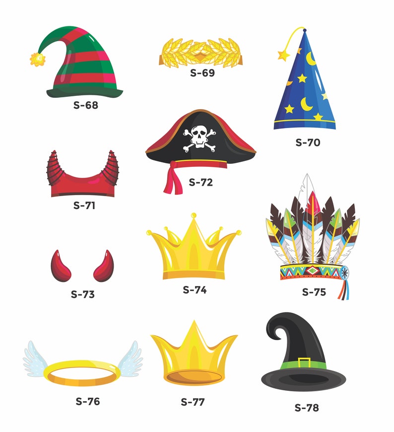 May include: A set of ten different costume hats and headbands, including a green and red elf hat, a gold laurel wreath, a blue wizard hat, a red devil headband, a gold crown, a red devil horn headband, a blue and gold star hat, a colorful Native American headdress, a gold crown, and a black witch hat.
