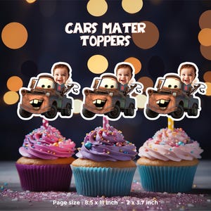 May include: Three cupcake toppers featuring the Cars character Mater. Each topper is a rusty orange tow truck with a smiling face and a character from the Cars movie sitting in the driver's seat. The toppers are 8.5 inches by 11 inches and are printed on 2x3.7 inch paper.