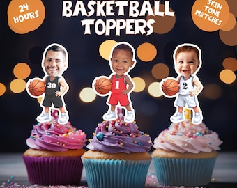 Op de afbeelding: Drie cupcakes met basketbal-thema toppers. Elke cupcake heeft een andere kleur glazuur: paars, roze en lichtroze. De toppers tonen cartoonfiguren met basketballen. Tekst op de afbeelding is "BASKETBALL TOPPERS", "24 HOURS" en "SKIN TONE MATCHES". Paginaformaat is 21,6 x 27,9 cm en 5,1 x 9,4 cm.