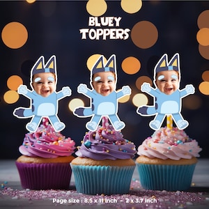 Topper per cupcake BLUEY - Volti personalizzati per decorazioni divertenti per feste personalizzate