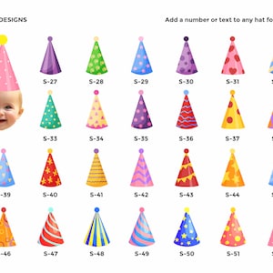 May include: A set of 52 colorful party hat designs with different patterns and colors. Each hat is numbered with a unique code, such as S-27, S-28, S-29, and so on.