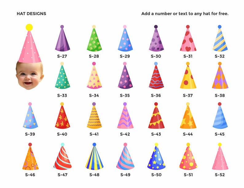 May include: A set of 52 colorful party hat designs with different patterns and colors. Each hat is numbered with a unique code, such as S-27, S-28, S-29, and so on.