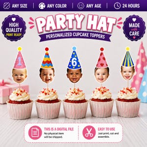 Peut inclure: Cinq cupcakes surmontés de décorations personnalisées en forme de chapeaux de fête avec des photos de bébés. Les décorations incluent divers motifs comme un chapeau rose avec un chiffre un, un bleu avec un six, et des motifs à cœurs ou rayures.