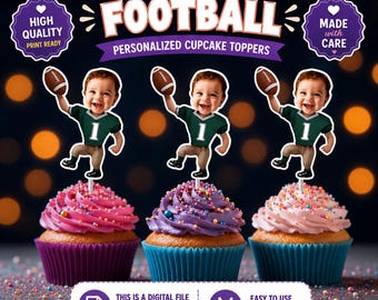 Bestseller! FOOTBALL Personalized Cupcake Toppers - Personalized Photo Faces - Custom Party Decor