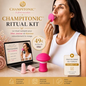 Peut inclure: Le kit rituel Champitonic comprend un ordinateur portable affichant un programme vidéo, un outil de massage facial rose vif en forme de champignon et deux ventouses faciales en silicone rose clair pour les soins et la tonification.