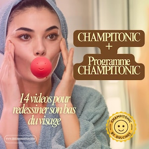 Peut inclure: Une femme en serviette bleue utilise un outil d'exercice facial rouge. Le texte indique "CHAMPITONIC + Programme CHAMPITONIC 14 vidéos pour redessiner son bas du visage www.dulcineemauricio.com CHAMPITONIC BY DULCINEE".