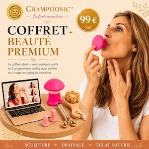 Peut inclure: Un coffret beauté premium Champitonic comprenant une ventouse faciale rose en forme de champignon, deux petites ventouses roses, un rouleau facial en métal doré et une brosse en bois avec des poils en forme de fleur, présenté avec un ordinateur.