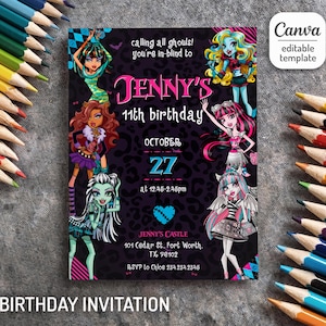 Printable Monster Girl invite, Monster Birthday Party invitation, girls Halloween Birthday Party, Monster Doll invite, girls birthday