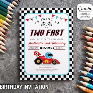Afdrukbare twee snelle verjaardagsuitnodiging, aquarel raceauto verjaardag, twee snelle verjaardagsuitnodiging, retro raceauto uitnodigen, 2e jarige