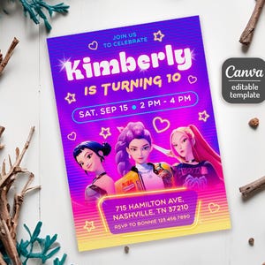 May include: A vibrant invitation with a purple and yellow gradient background. The text reads "Kimberly is turning 10" with event details. Three animated figures are featured. The Canva editable template is visible.