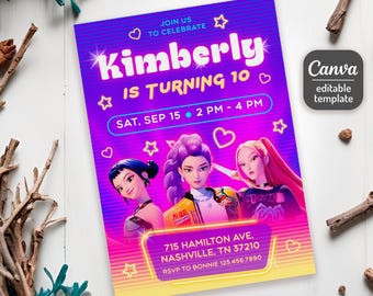 May include: A vibrant invitation with a purple and yellow gradient background. The text reads "Kimberly is turning 10" with event details. Three animated figures are featured. The Canva editable template is visible.