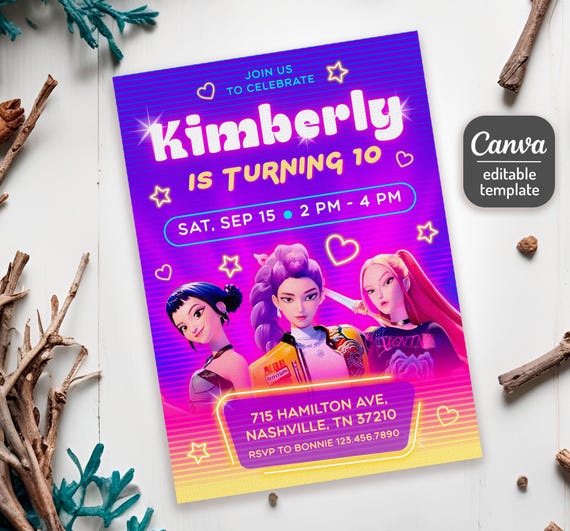 Kpop Demon Hunters Birthday Invitation, Editable K-pop Party Invite, BTS Themed Digital Card, Demon Huntrix Birthday Party Decor for Fans