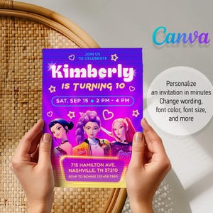 May include: A vibrant invitation card with a purple and pink gradient background. The card features the text "Kimberly is turning 10" and event details. Three cartoon characters are depicted at the bottom. The card is held by hands.