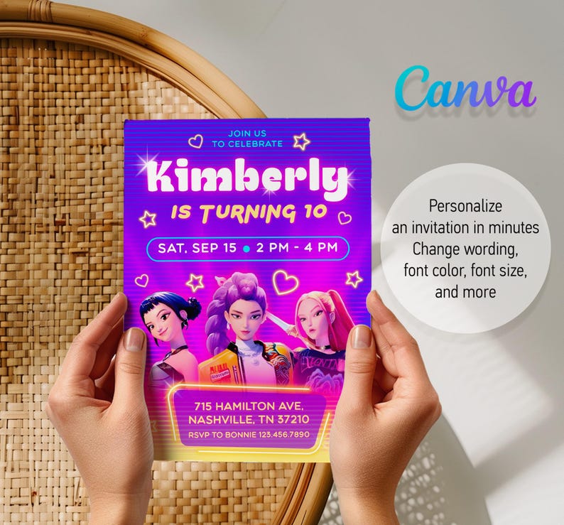 May include: A vibrant invitation card with a purple and pink gradient background. The card features the text "Kimberly is turning 10" and event details. Three cartoon characters are depicted at the bottom. The card is held by hands.