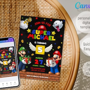 Birthday Invite boy girl, Super mario invitation, mario bros movie invitation, Instant Download, video game Birthday Invite template