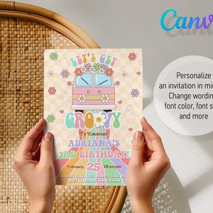 May include: A colorful invitation card with a retro-style illustration of a van decorated with flowers. The text on the card reads "Let's Get Groovy To Celebrate Adriana's 3rd Birthday!" with the date and time of the event.