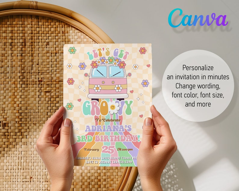 May include: A colorful invitation card with a retro-style illustration of a van decorated with flowers. The text on the card reads "Let's Get Groovy To Celebrate Adriana's 3rd Birthday!" with the date and time of the event.