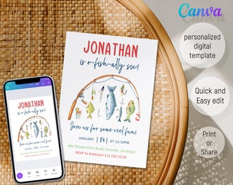 Printable fishing Birthday invitation, ofishally Invite, o-fish-ally Party Template, Editable Invitation, first second third boy birthday