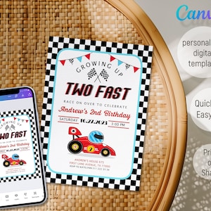 Afdrukbare twee snelle verjaardagsuitnodiging, aquarel raceauto verjaardag, twee snelle verjaardagsuitnodiging, retro raceauto uitnodigen, 2e jarige