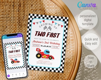 Printable Two Fast Birthday Invitation, watercolor Race Car Birthday, Two Fast Birthday Invite, Retro Race Car Invite, 2nd birthday boy