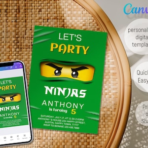 May include: A green party invitation with the text "LET'S PARTY" and "NINJAS" featuring a cartoon ninja face. The invitation is displayed on a smartphone and a printed card. The invitation includes event details.