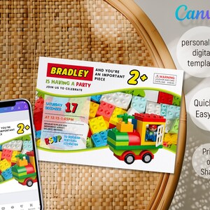 May include: A colorful birthday party invitation featuring a cartoon train made of colorful building blocks. The invitation says "Bradley is having a party. Join us to celebrate." The invitation also includes the date, time, and location of the party.