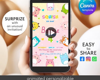 May include: A smartphone displays a colorful birthday invitation template. The design features cartoon characters, the text "SQUISH on over", and "Bonnie is turning 4". Additional text includes event details and "Easy to Share" with social media icons. The invitation is animated and personalizable.