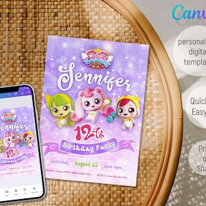 Invitation d&#39;anniversaire Teenieping, Invitation anime imprimable, Invitation à une fête, modèle Teenieping, Invitation Romi modifiable, anniversaire de fille