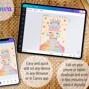 May include: A colorful digital invitation for a 3rd birthday party with a groovy theme. The invitation features a cartoon illustration of a pink and white van with flowers on the roof. The text on the invitation reads "Let's Get Groovy" and "Adriana's 3rd Birthday!"