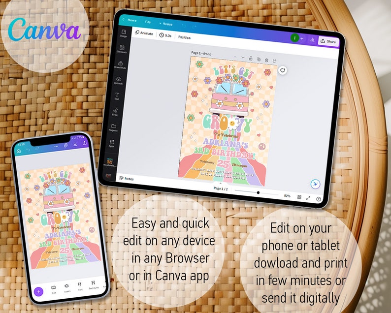 May include: A colorful digital invitation for a 3rd birthday party with a groovy theme. The invitation features a cartoon illustration of a pink and white van with flowers on the roof. The text on the invitation reads "Let's Get Groovy" and "Adriana's 3rd Birthday!"