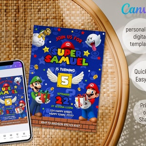 Birthday Invite boy girl, Super mario invitation, mario bros movie invitation, Instant Download, video game Birthday Invite template