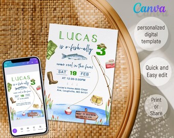 May include: A blue and green birthday invitation for a boy's 3rd birthday party with a fishing theme. The invitation says "Lucas is o-fish-ally 3" and includes a cartoon fish, fishing rod, and boots. The party is on Saturday, February 19th from 12:30 to 3:00 PM at Lucas's Home 8900 Cheer Ave, Laughville, MO 64101.