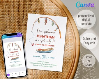 May include: A blue and white fishing boat with a red fishing bobber and a fishing rod with a line and hooks. The text on the invitation reads "Our fisherman Jonathan is o-fish-ally 3! Join us to celebrate!"  Saturday, Now 30 at 1:30pm. Jonathan's House 555 Celebration St, Party Town, NC 27501. RSVP to Evelyn 890-890-8901.