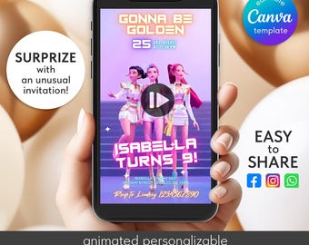 K-pop Demon Hunters Video Invite, Animated Digital Birthday Invitation for Kids Huntrix Saja Girls Party
