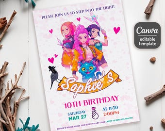 May include: A birthday party invitation featuring three anime-style girls, a blue cat, and the name "Sophie." The invitation includes the text "10th Birthday," date, time, and "Canva editable template."