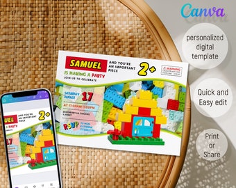Building blocks invitation, Building blocks invite, printable editable invitation template, constructor invite template