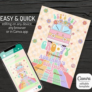 May include: A groovy, colorful invitation for a 3rd birthday party. The invitation features a pink and yellow van with flowers on top, driving on a rainbow road. The text "Let's Get Groovy" is in a retro font. The invitation is perfect for a 70s themed party.