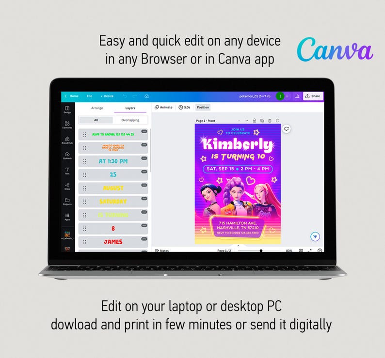 May include: A laptop displaying a Canva interface with a birthday invitation design. The invitation features the text "Kimberly is turning 10" with a colorful design. Additional text includes "Easy and quick edit" and "Edit on your laptop".