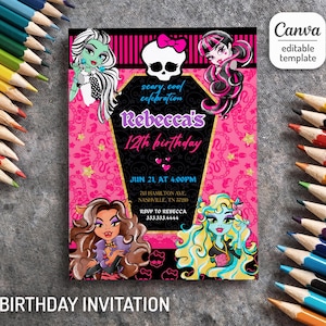 Printable Monster Girl invite, Monster Birthday Party invitation, girls Halloween Birthday Party, Monster Doll invite, girls birthday