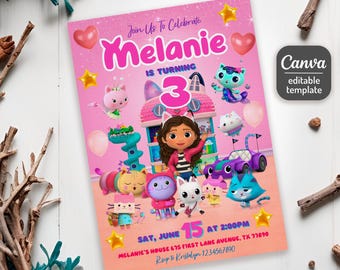 May include: A pink birthday invitation with the text "Join Us To Celebrate Melanie Is Turning 3". The invitation features cartoon characters, hearts, stars, and the date June 15 at 2:00 PM. The Canva editable template is visible.