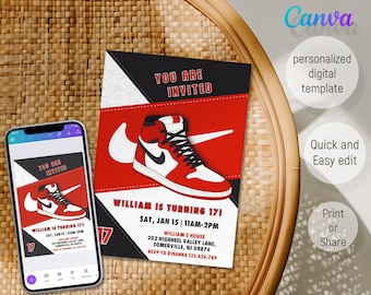 Printable Birthday Invitation, boy girl birthday invite, editable blue sneaker ball invitation, Instant Download, birthday party printable