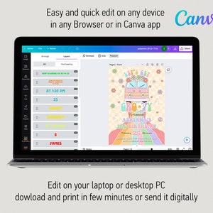 May include: A laptop screen displaying a Canva design template for a groovy themed birthday party invitation. The design features a colorful psychedelic van with flowers and the text "Let's Get Groovy" and "Adriana's 3rd Birthday!"