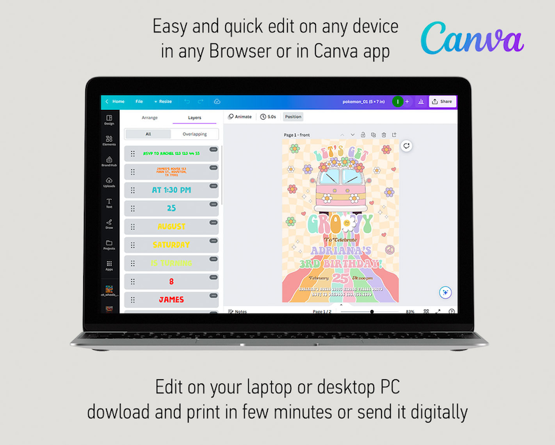 May include: A laptop screen displaying a Canva design template for a groovy themed birthday party invitation. The design features a colorful psychedelic van with flowers and the text "Let's Get Groovy" and "Adriana's 3rd Birthday!"