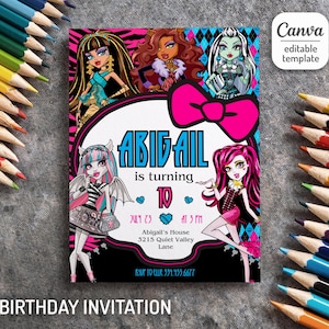 Printable Monster Girl invite, Monster Birthday Party invitation, girls Halloween Birthday Party, Monster Doll invite, girls birthday