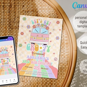 May include: A colorful digital invitation with a groovy theme. It features a retro-style van with flowers and a peace sign. The text reads "Let's Get Groovy" and "To Celebrate Adriana's 3rd Birthday!"