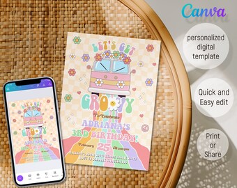 May include: A colorful digital invitation with a groovy theme. It features a retro-style van with flowers and a peace sign. The text reads "Let's Get Groovy" and "To Celebrate Adriana's 3rd Birthday!"