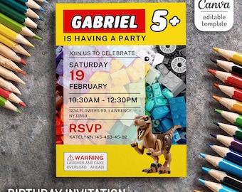 Building blocks invitation, bricks invite, printable editable jurassic dinosaur invitation template, constructor dino invite template