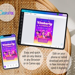 May include: A smartphone and tablet display a birthday invitation design. The invitation features a vibrant purple and pink gradient background with illustrations of three girls. Text includes "Kimberly is turning 10" and event details. The Canva logo is visible.
